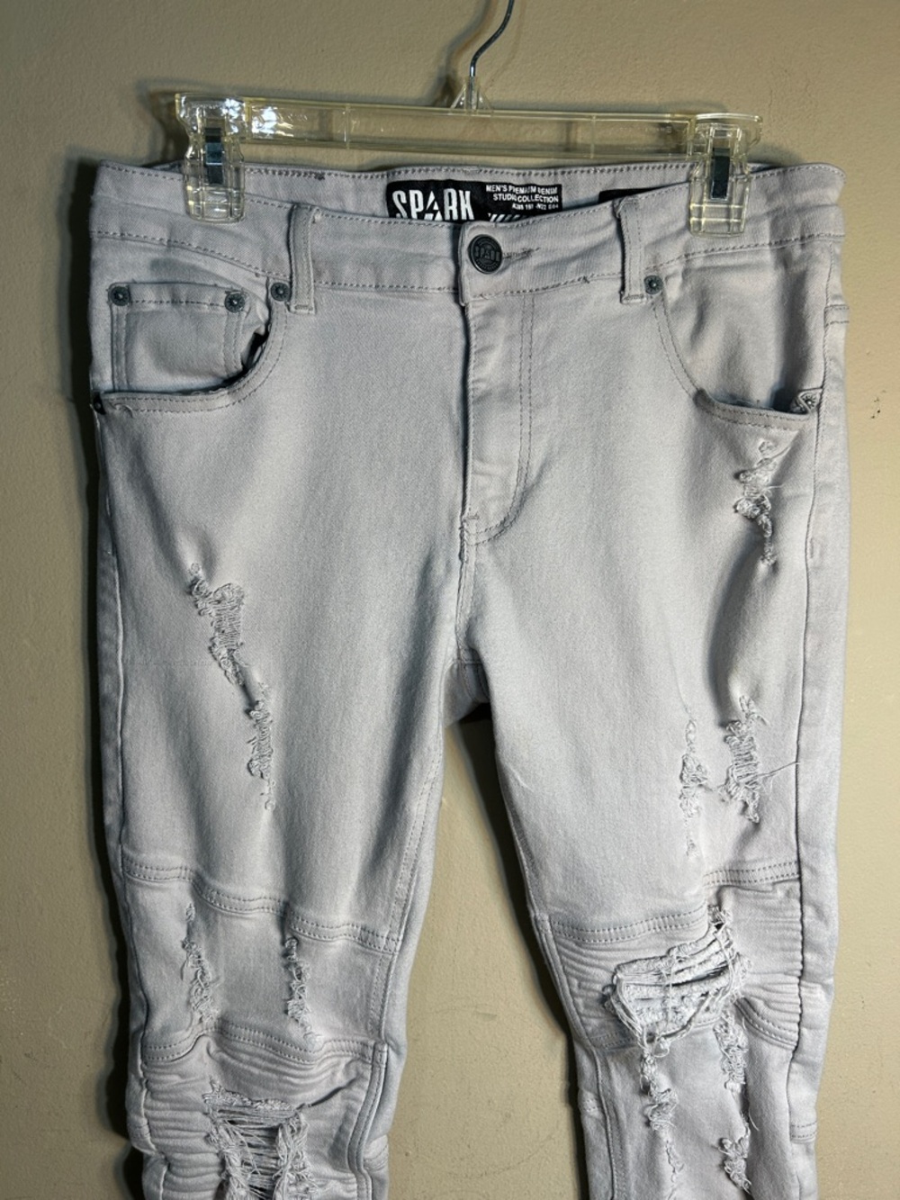 SPARK Distressed Light Gray Skinny Jeans Men's Premium Denim Studio Collection